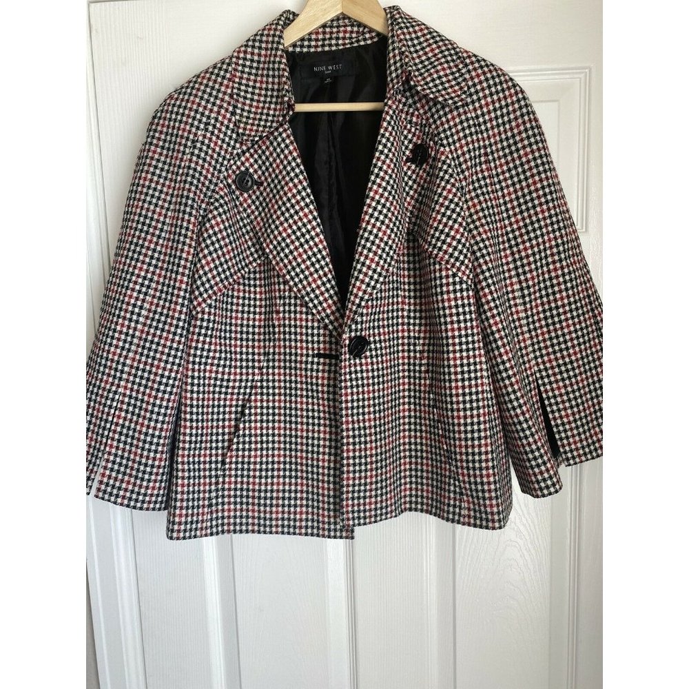 Womens Jacket Blazer Nine West Lined 3/4 Sleeve Checkered Front Pockets Workwear